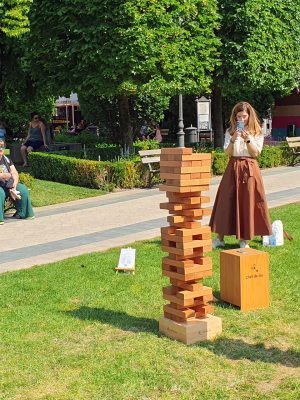 Mama. tata și fiul joacă turnul instabil în parc pe iarbă verde