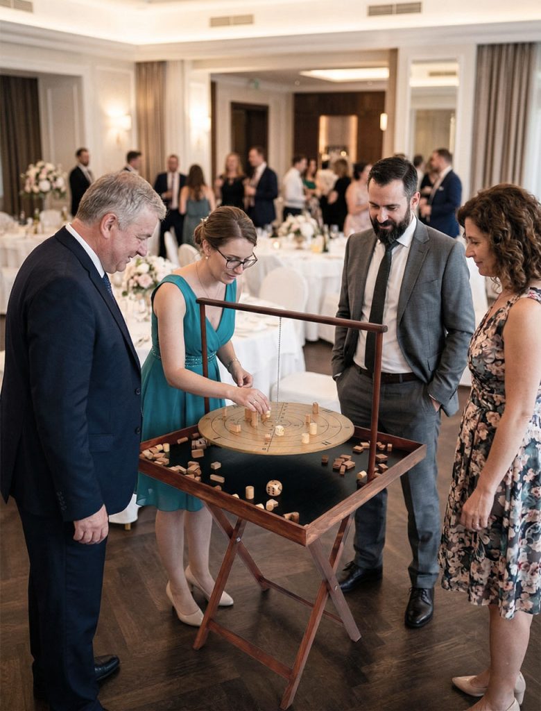 Patru nuntași jucând Contrabalans în sala elegantă de restaurant