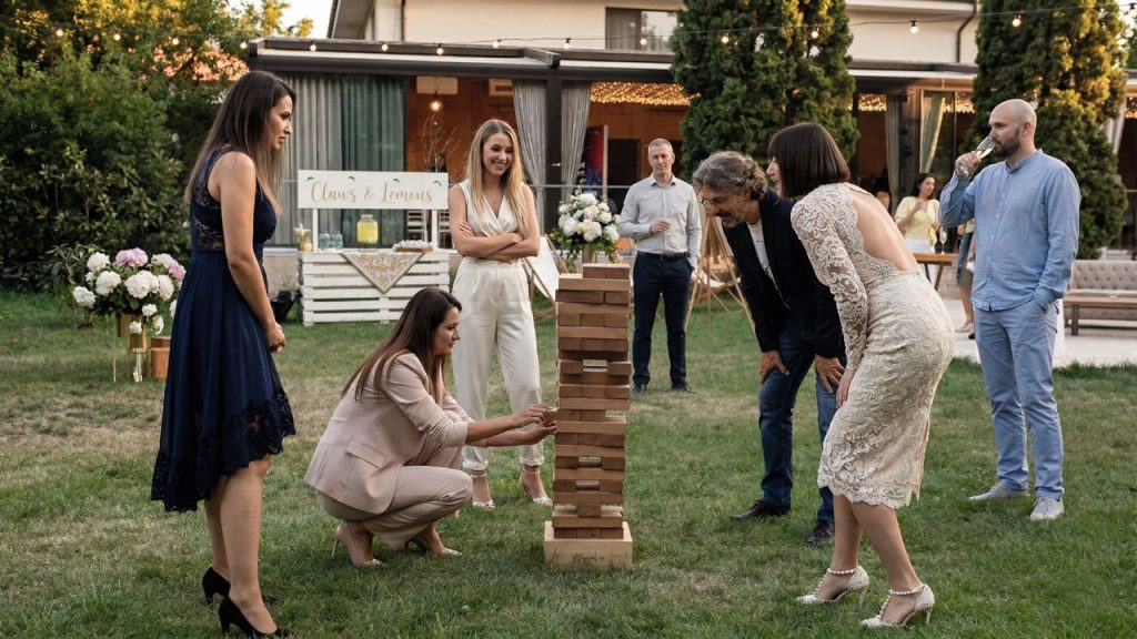 People playing Huge Jenga game in elegamt garden