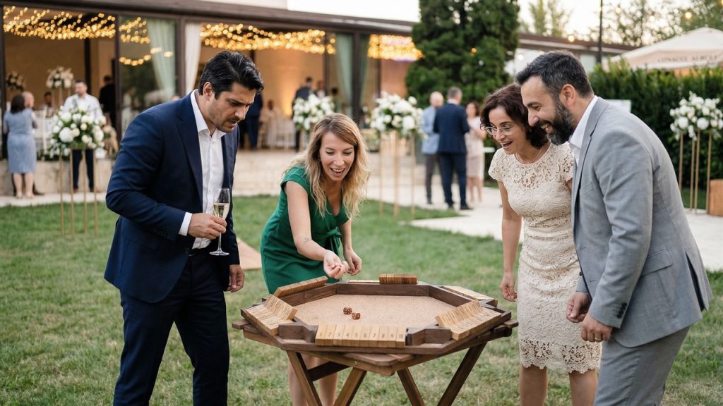 Patru nuntași jucând Shut the Box în grădina locației de nuntă