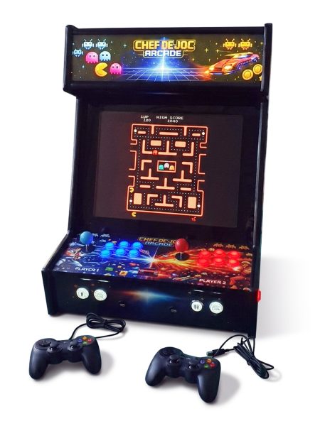 Consolă bartop arcade retro Chef de Joc cu joc Pac-Man pe ecran butoane LED illuminate și gamepad-uri pentru închiriere evenimente corporate nunți petreceri Brașov București